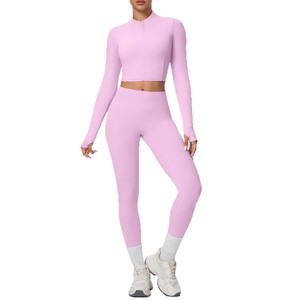 Conjunto de 2 piezas: Chaqueta deportiva corta con cremallera y pantalones de yoga, de tacto suave, color liso, que absorbe el sudor, de talle alto y efecto levanta glúteos, ajustado, para <span class=keywords><strong>mujer</strong></span>, tallas XL/<span class=keywords><strong>XXL</strong></span> - Product Image 1