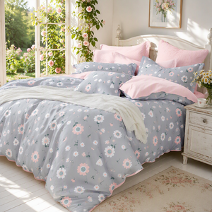 Poland Stock <b>Daisy</b> Floral Cotton <b>Bedding</b> Set Grey White Blossom Duvet Cover for B to B EU Dropshipping 3pcs - Product Image 5