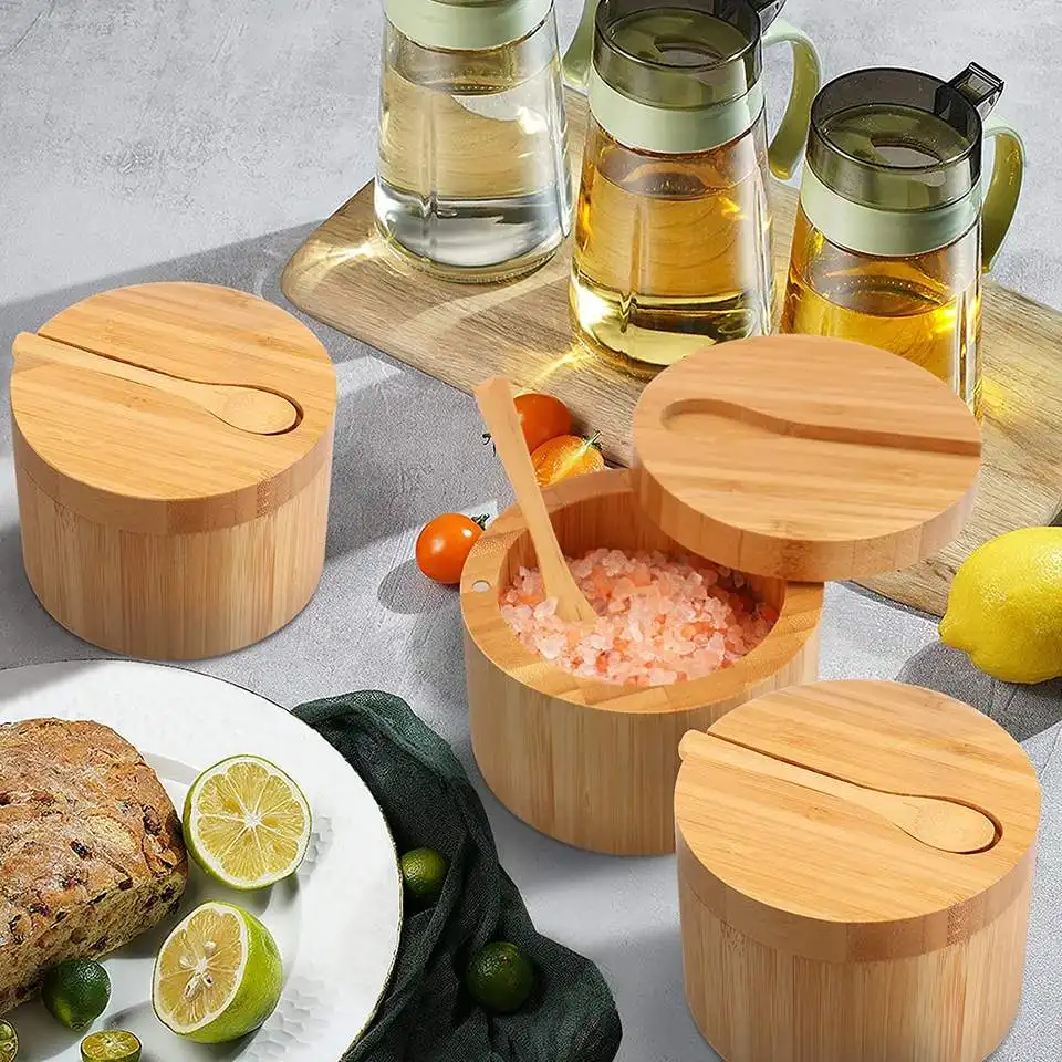 Bamboo Salt Cellar With Mini Spoon Kitchen Salt Box With Swivel Magnetic Closure Lid Salt Container To Storage Pepper Spice
