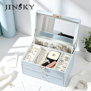 Multi-Layer Jewelry <b>Box</b> with <b>Lock</b> Drawer Style Storage Case for Rings Necklaces & Earrings Vanity Organizer Chest - Product Image 2