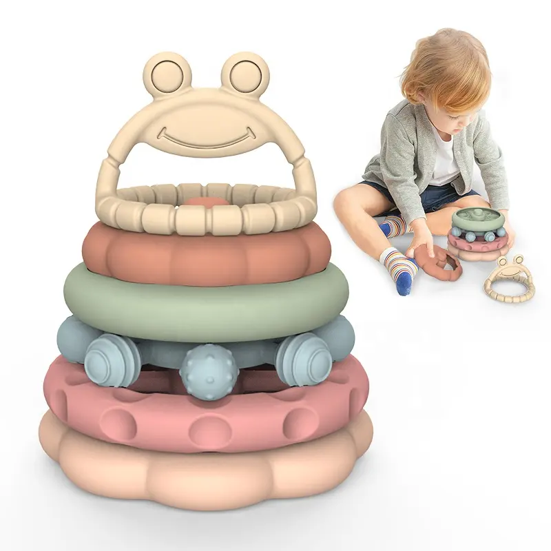 थोक शिशुओं Teether मेंढक सिलिकॉन ज्यामिति स्टैकिंग खिलौना खाद्य ग्रेड बच्चों संवेदी शैक्षिक खिलौना