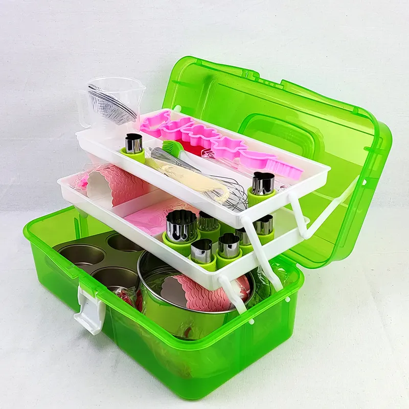 Caja de almacenamiento plegable portátil de tres capas, con bandeja y organizador multiusos para arte artesanal y cosmético