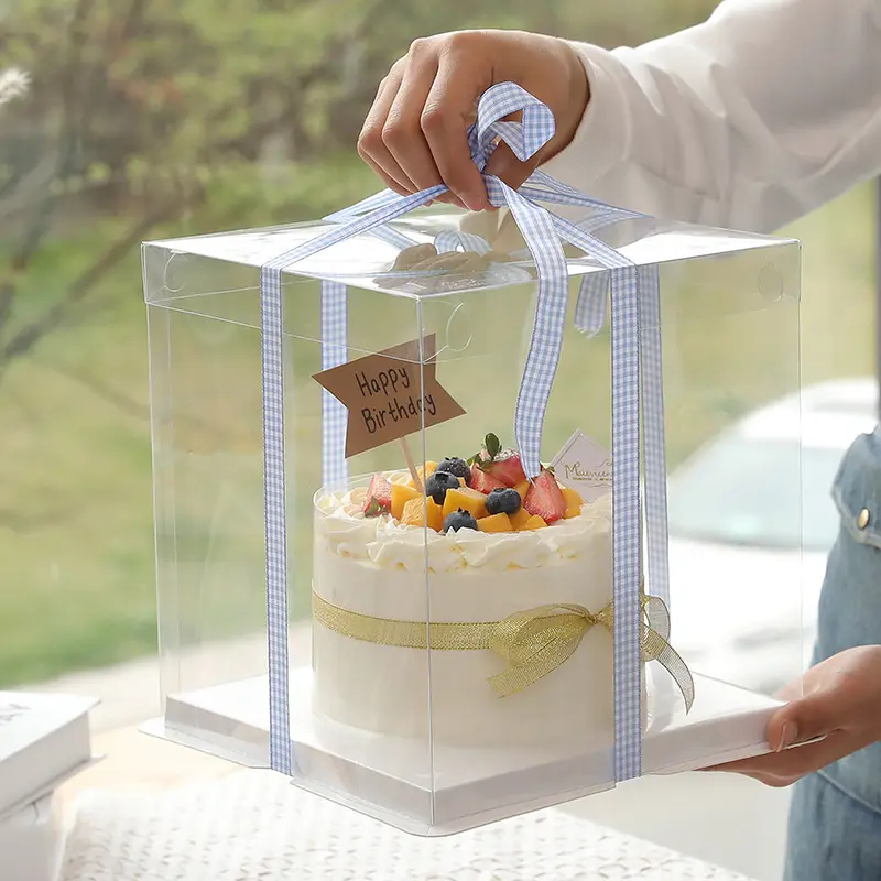 LOGO personalizzato regalo di alta qualità compleanno scatola per torta trasparente PET trasparente confezione per torta da 12 pollici scatola trasparente in plastica Pvc con nastro