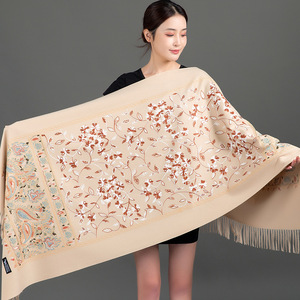 ผ้า Pashmina สำหรับผู้หญิงสไตล์จีนผ้าพันคอปักลายดอกไม้ผ้าคลุมไหล่หนาแบบดั้งเดิมของชนเผ่าขนาดใหญ่ฤดูหนาวฤดูใบไม้ร่วง