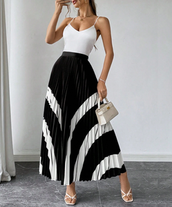 Falda Maxi Plisada a Rayas Blancas y Negras de Cintura Alta Elegante para Mujer, Estilo Casual <span class=keywords><strong>en</strong></span> Línea A <span class=keywords><strong>con</strong></span> Textura Satinada, Ideal para Oficina y Fiestas - Product Image 4
