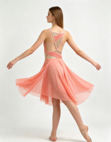 Costume de danse rose pêche avec paillettes dorées, robe de ballet moderne, bretelles spaghetti au dos, tenue de compétition de danse