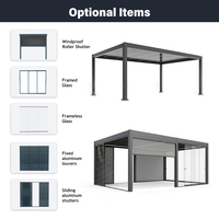 Pergola motorisée autoportante en aluminium pour extérieur, avec toit à lames, porte coulissante en verre, rideaux roulants, imperméable et écologique