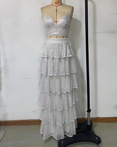 V-Cổ Sexy Treo <span class=keywords><strong>Sequin</strong></span> 2 Mảnh Thiết Lập Ăn Mặc Phụ Nữ Vest Và Pleated Dài Váy Hai Mảnh Váy Bộ - Product Image 4