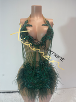 Robe Courte Sexy Noire à Col Halter en Plumes et Strass Transparents pour Femme – Idéale pour Soirées et Anniversaires