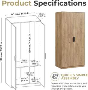 Armoire moderne en bois 2 portes 176X80X52 <span class=keywords><strong>cm</strong></span> avec 1 tringle à vêtements et 1 étagère inférieure Aspect chêne - Product Image 2