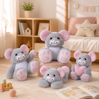 Peluche souris personnalisée OEM brodée, douce, grise, avec oreilles roses, pour enfants, cadeau câlin