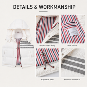 Versatile <strong>Women's</strong> Sleeveless <strong>Gilet</strong> 90% White Duck Down Short <strong>Hooded</strong> Vest <strong>with</strong> Striped Pockets for Campus Street Styling Retail - Product Image 2