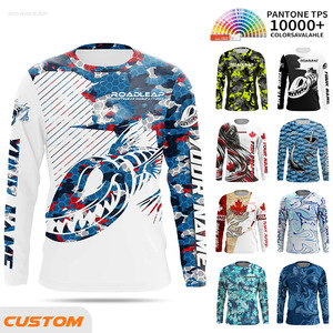 Camisas de Pesca de Manga Larga con Patrón Personalizado de Espina de Pescado, Camuflaje Azul y Rojo, de Secado Rápido y Protección UV de Alta Calidad - Product Image 1
