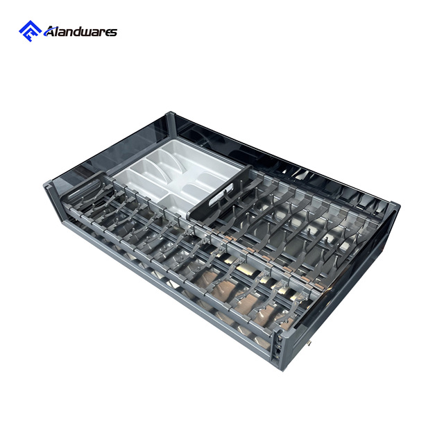 Modern 3 Sides Aluminum Alloy Tempered Glass Drawer-Type Dish Basket Cutlery Drying Rack Plate Storage Holder Kitchen