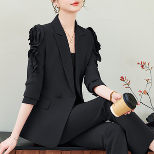 Women's Suit Set Solid Color Ruffle Sleeve Blazer Pants Work Wear Spring Autumn Polyester Fiber Casual Suit - Product Image 2