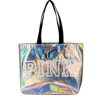 Grand sac holographique rose Logo personnalisé argent irisé réutilisable sac fourre-tout brillant
