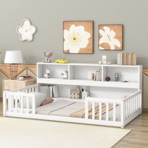 Lit de rangement pour enfants en bois massif blanc avec étagère et barrières de sécurité pour chambre à coucher - Product Image 2