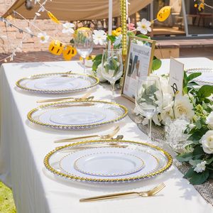 <span class=keywords><strong>Assiette</strong></span> de présentation jetable en plastique PP écologique transparente avec bord perlé, 13 pouces, ronde, classique, vaisselle de mariage, blanc nacré - Product Image 5