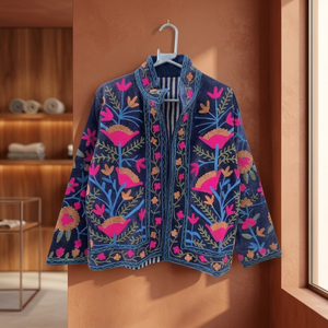 Custom Luxury Handmade Floral Embroidery <b>Velvet</b> <b>Jacket</b> <b>Women</b> Retro Designer Short Coats Stand Collar Open Front Boho Casual - Product Image 1