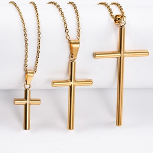 Colliers pendentifs croix cylindriques classiques pour hommes et garçons en acier inoxydable couleur or et argent, bijoux de mode pour la foi et la prière - Product Image 1