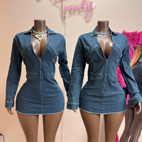 Robe Courte en Jean pour Femme à Col V et Manches Longues, Coupe Ajustée, Fermeture Éclair sur le Devant