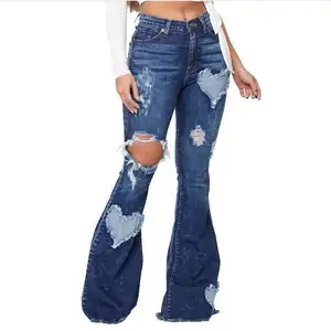 Женские джинсы-клеш J & H, рваные джинсовые брюки с высокой талией, в стиле пэчворк, с сердечками, большие размеры, 2022