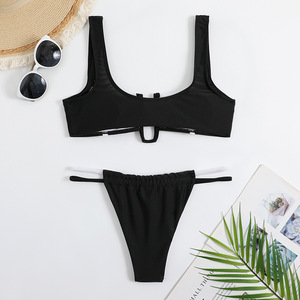Conjunto de Bikini de 2 Piezas para Mujer, Cuello Halter, Push-Up, Tanga Acolchada, Color Negro y Blanco Sólido, 100% Poliéster Antibacterial - Product Image 4