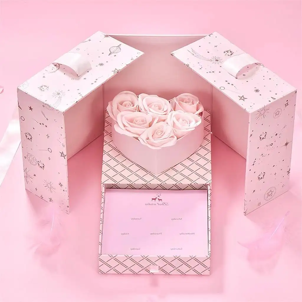 Custom Pink Magnetic Double Door Rose Gift Box Is Used To Show Heart