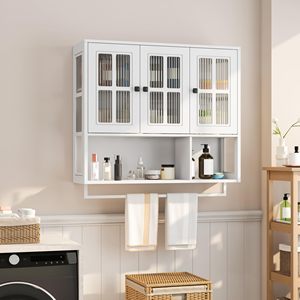 SENYU White 3-Door <b>Wall</b>-Mounted Bathroom <b>Cabinet</b> with <b>Glass</b> Panels and Towel Bar for Storage Minimalist Design - Product Image 1