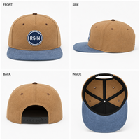Casquette de baseball personnalisée à visière plate, 5 panneaux, snapback, patch brodé, visière bleue, réglable, vente en gros, OEM, faible MOQ