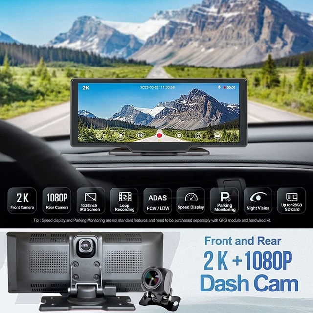 Portable 10.26 Inch IPS Touch Screen CarPlay & Android Auto Monitor with Backup Camera Rearview Mirror ISDB-T 1 Year Warranty