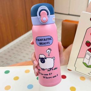 Thermos en acier inoxydable rose avec motif de mouton de dessin animé, isolation thermique, gobelet de voyage avec couvercle - Product Image 1