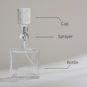 Flacon de <span class=keywords><strong>parfum</strong></span> de luxe 30 ml en verre transparent carré plat avec bouchon marbré, pulvérisateur à pompe, rechargeable, impression sérigraphique, gravure, finition argentée - Product Image 3