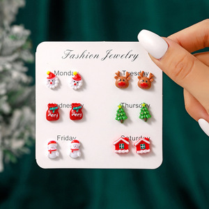 Platinum Bohemia Christmas <b>Earrings</b> Set 6 Grids Cartoon Santa Reindeer House Bear <b>Snowflake</b> Studs Fashion Jewelry Decorations - Product Image 6