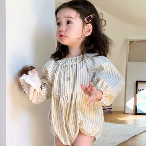 Mono de Algodón a Rayas para Bebé <span class=keywords><strong>Recién</strong></span> Nacido, Estilo Coreano, Cuello Camisero, Decoración con Volantes, Cierre de Botones, Mono para Niña - Product Image 1