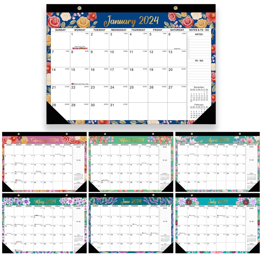 Calendario de pared 2024, calendario grande de 18 meses con lista de tareas pendientes, calendario de pared con fecha Juliana marcada, días festivos para el hogar o la oficina