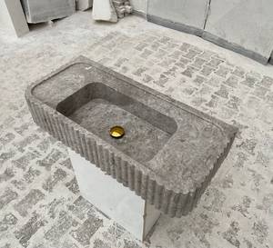 Lavabo Flotante de Mármol Gris Acanalado, Resistente |   Lavabo Escultural Integrado de Piedra |   Baño Moderno de Lujo Ecológico - Product Image 3