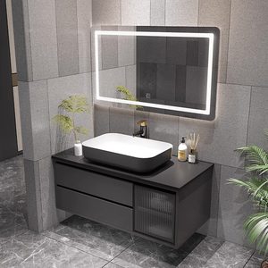 Mueble de Baño de Cerámica de Lujo con Encimera de Piedra, <span class=keywords><strong>Espejo</strong></span> Inteligente LED, Almacenamiento, Impermeable y con Función <span class=keywords><strong>Antivaho</strong></span> - Product Image 2