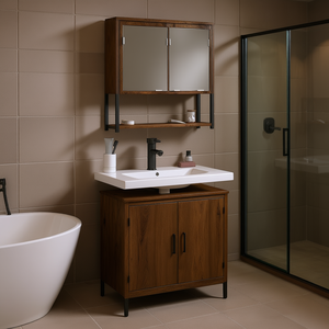 Ensemble de meubles de salle de bain en bois d'ingénierie brun foncé, rectangulaire, sur pied, avec miroir et lavabo en céramique, style élégant - Product Image 2