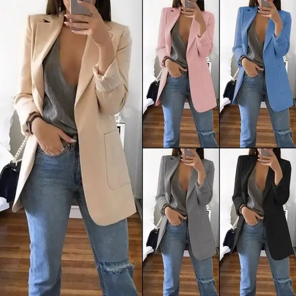 Amazon Hot Sales New Women Thin Blazer Office Lady Lapel Long Sleeve Coat Suit Slim Cardigan Solid Color Jacket Casual Tops
