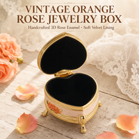 Boîte à bijoux antique en émail en forme de cœur, fleur orange 3D, support à anneaux en velours et cristal, gravure personnalisée, cadeau d'anniversaire pour filles, décoration d'intérieur