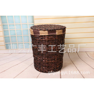 Panier à linge rond en osier fait main couleur chocolat avec couvercle, organisateur de vêtements anti-poussière, type sur pied - Product Image 3