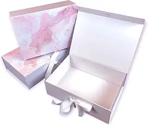 豪华大理石粉色磁性厚礼品盒，带丝带和磁性外壳，用于婚礼生日
