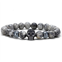 Bracelet tendance pour homme avec breloque crâne élastique en CZ, pierre naturelle labradorite 8 mm, perles en cuivre et motif carte, bracelet perlé