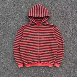 Custom Men's Vintage Acid Wash Striped <b>Zip</b> Up Hoodie Men Retro Heavyweight Cotton Oversized Full <b>Zip</b> <b>Hooded</b> - Product Image 1