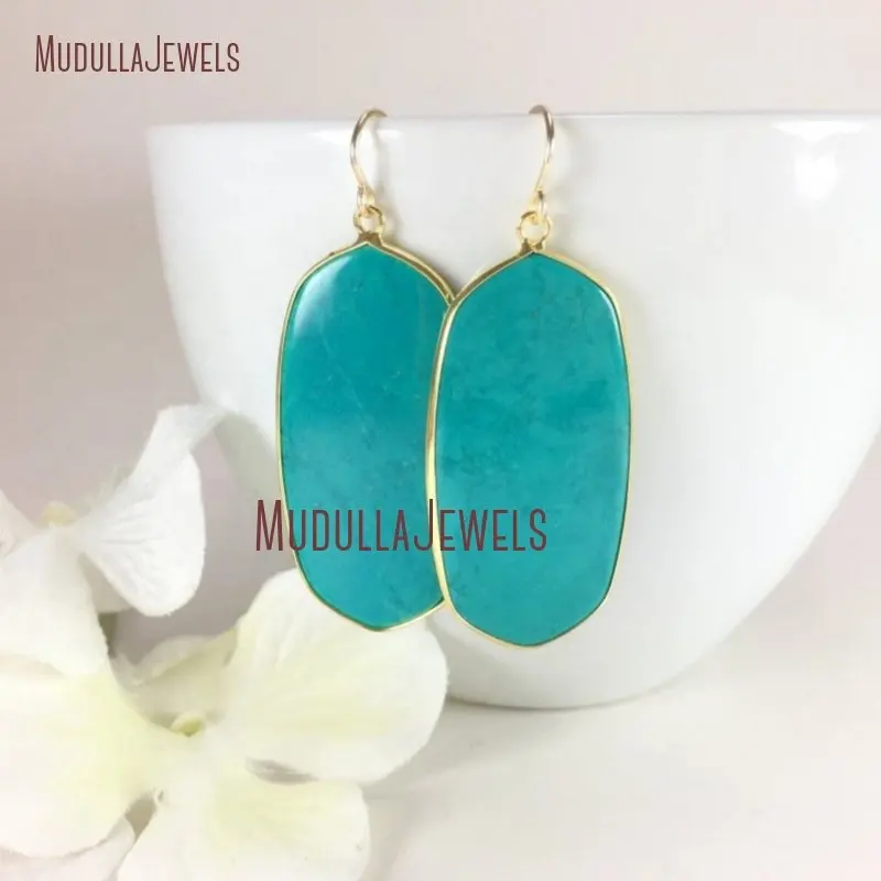 ER34068 Turquoise Dangle Earrings Gold Bezel Drop Earring Blue Gemstone Jewelry Earrings