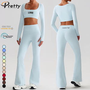 Женская одежда, комплект из 2 предметов для фитнеса, короткий топ с длинными рукавами и подкладкой, брюки с заниженной талией, спортивная одежда для спортзала, эко-топ - Product Image 4