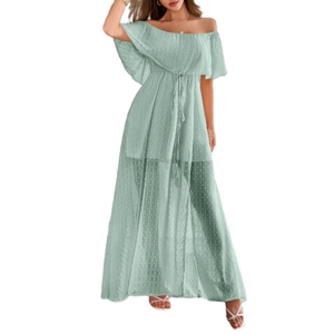 Robes maxi élégantes pour femmes, à épaules dénudées, avec cordon de serrage à la taille, manches courtes, tendance - Product Image 4