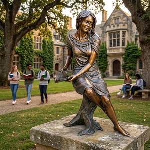 Statue <span class=keywords><strong>de</strong></span> <span class=keywords><strong>dame</strong></span> assise en bronze antique tenant un livre ouvert sur un socle en arbre, statue en bronze - Product Image 1