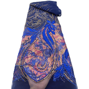 Tissu en dentelle perlée de luxe NI.AI Aso Ebi bleu et or 2026, tissu en dentelle française nigériane avec sequins pour robes de soirée de <span class=keywords><strong>mariage</strong></span> - Product Image 1
